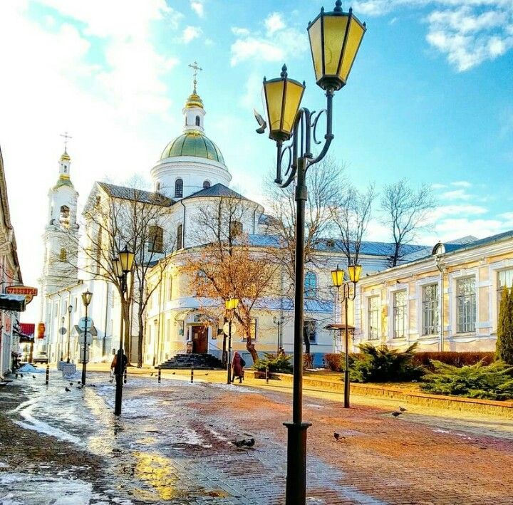 Historic church on a wet street with lampposts, bare trees, and bright blue sky