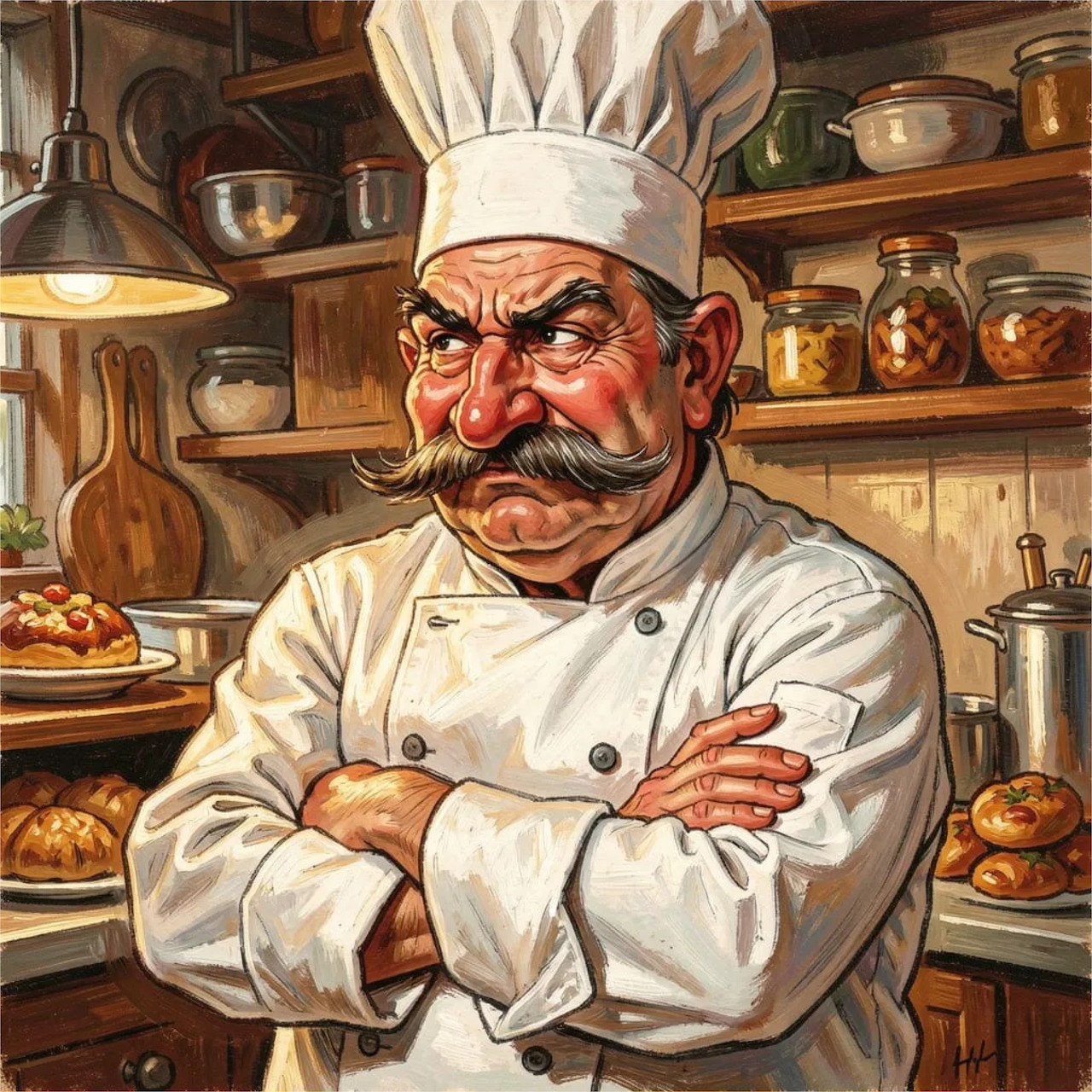 Illustration of a grumpy mustachioed chef with arms crossed in a cozy kitchen with shelves and food