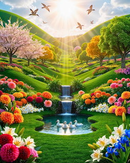 Fantasy garden with waterfall, ducks in pond, colorful flowers, blooming trees, green hills, and birds in sunlit sky