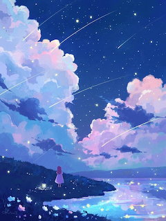Person in purple standing under starry night sky with colorful clouds and glowing ocean horizon