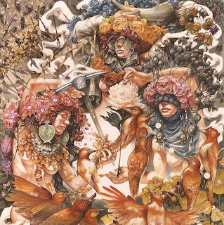 Surreal painting of three women with flower crowns surrounded by birds and ornate flowing details