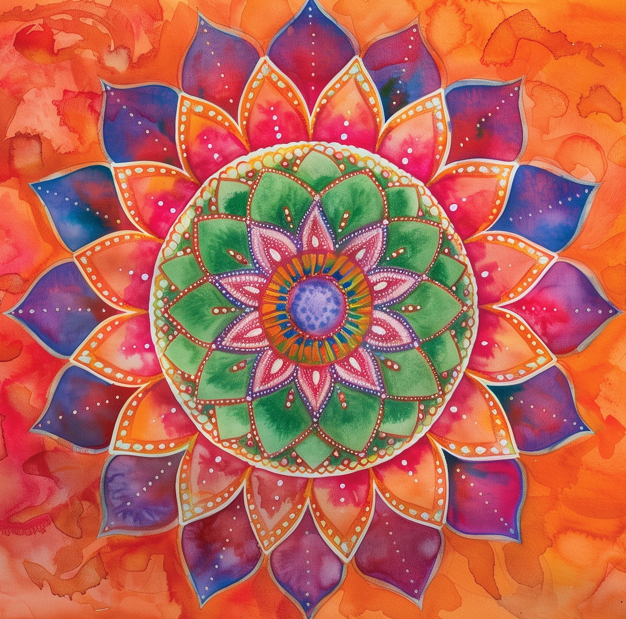 Colorful mandala with layered lotus petals in orange, green, blue and purple on warm background