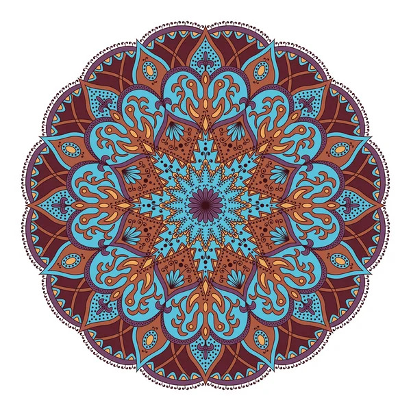 Ornate circular mandala with turquoise and brown floral patterns in symmetrical radial design