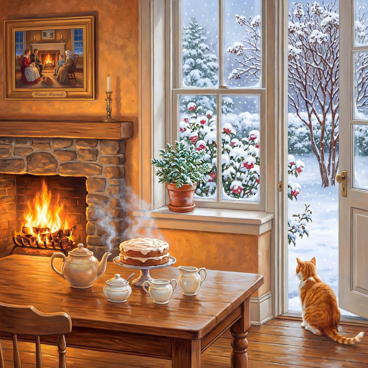 Cozy room with fireplace, tea set, pastries, and a cat looking out at a snowy garden