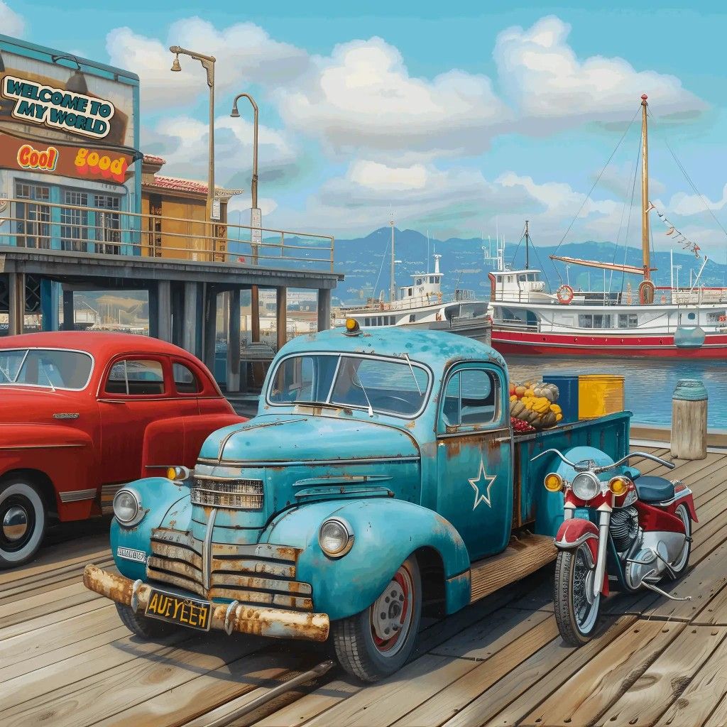 Vintage blue pickup truck and motorcycle on a wooden pier with boats in the background