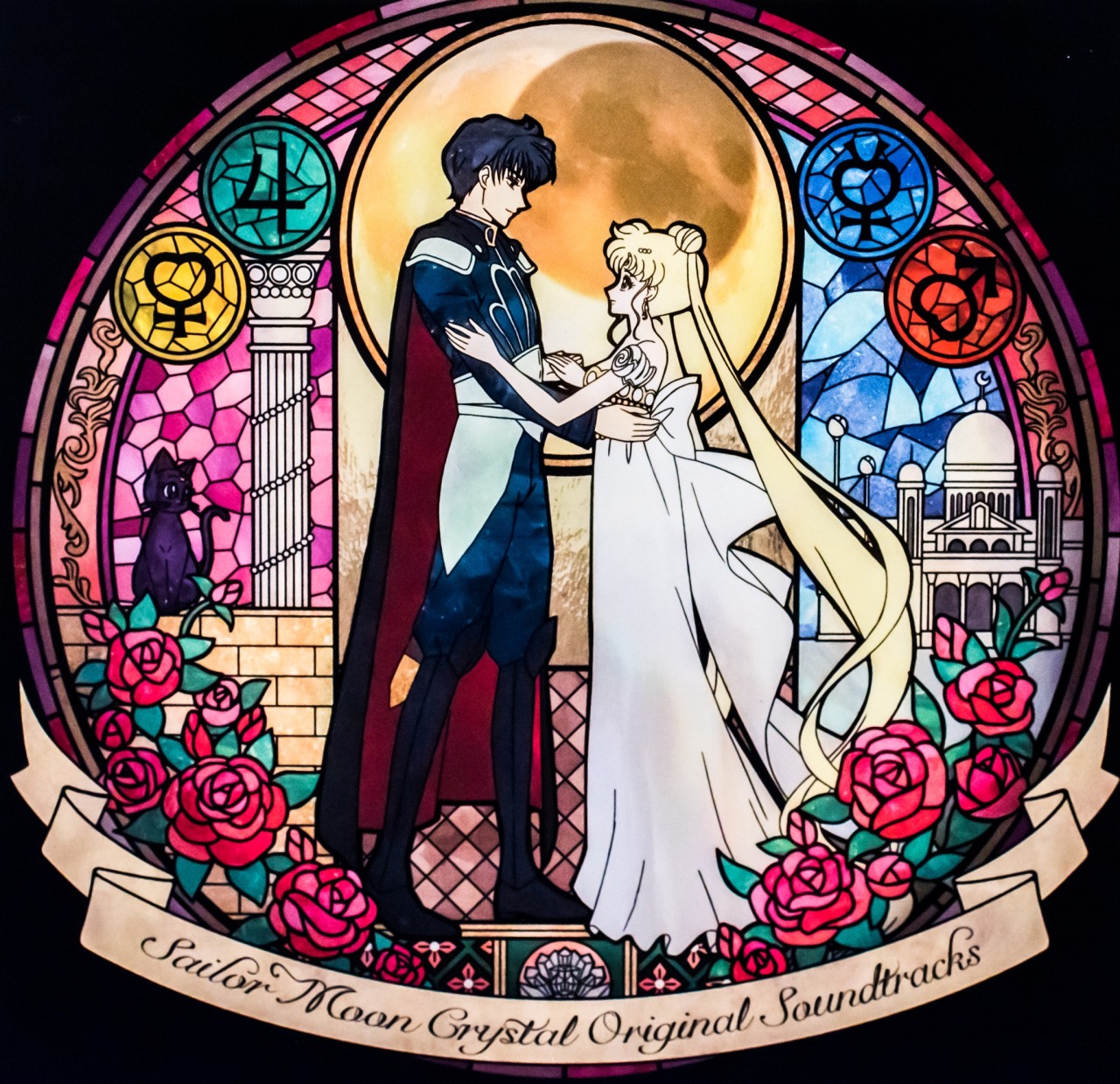 Sailor Moon Crystal anime art nouveau stained glass illustration with romantic couple surrounded by roses and moon symbols
