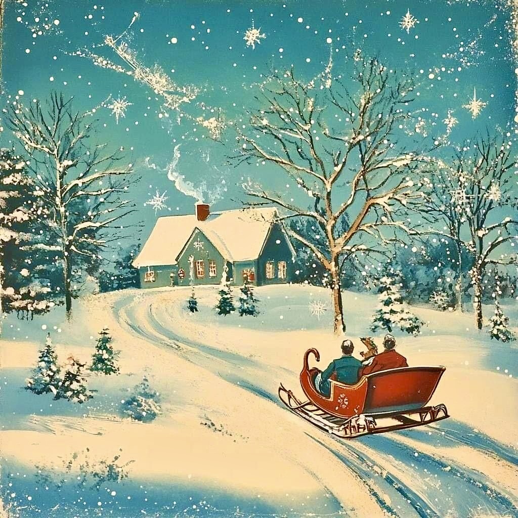 Vintage winter scene with red sleigh on snowy path leading to house under starry sky