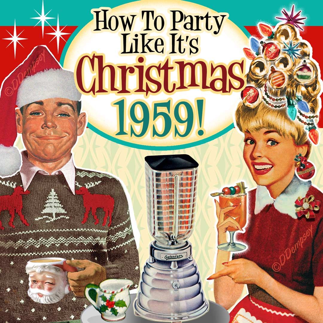 Vintage 1950s Christmas party illustration with couple, blender, and holiday decorations