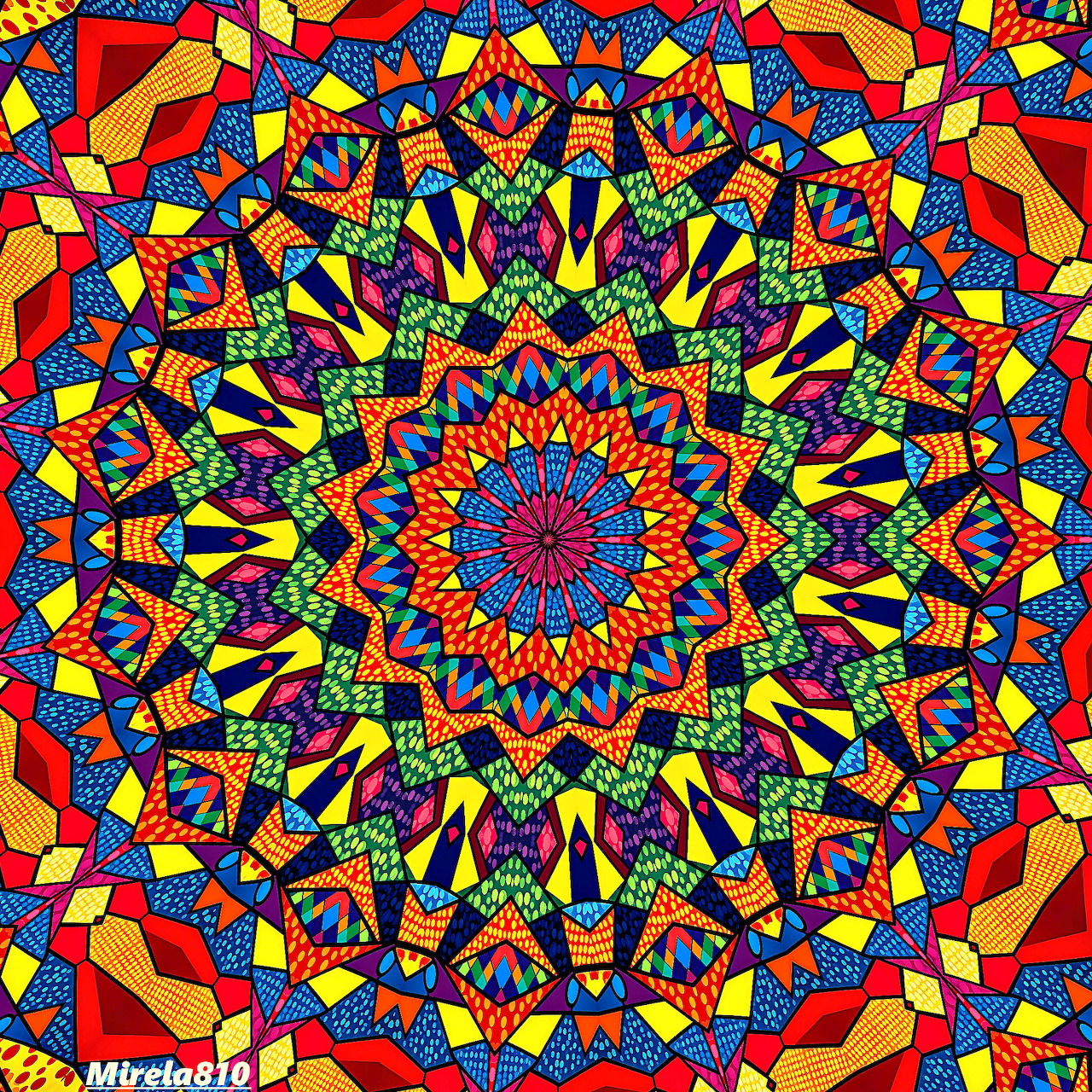 Vibrant symmetrical mandala with intricate geometric patterns in red, blue, yellow, and green radiating from center