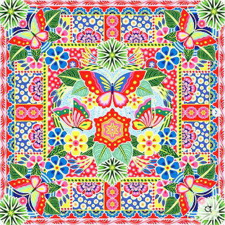 Colorful symmetrical batik pattern with butterflies, flowers, leaves, and geometric designs