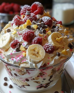 Layered dessert in decorative bowl topped with fresh berries, banana slices, and wafer cookies dusted with powdered sugar