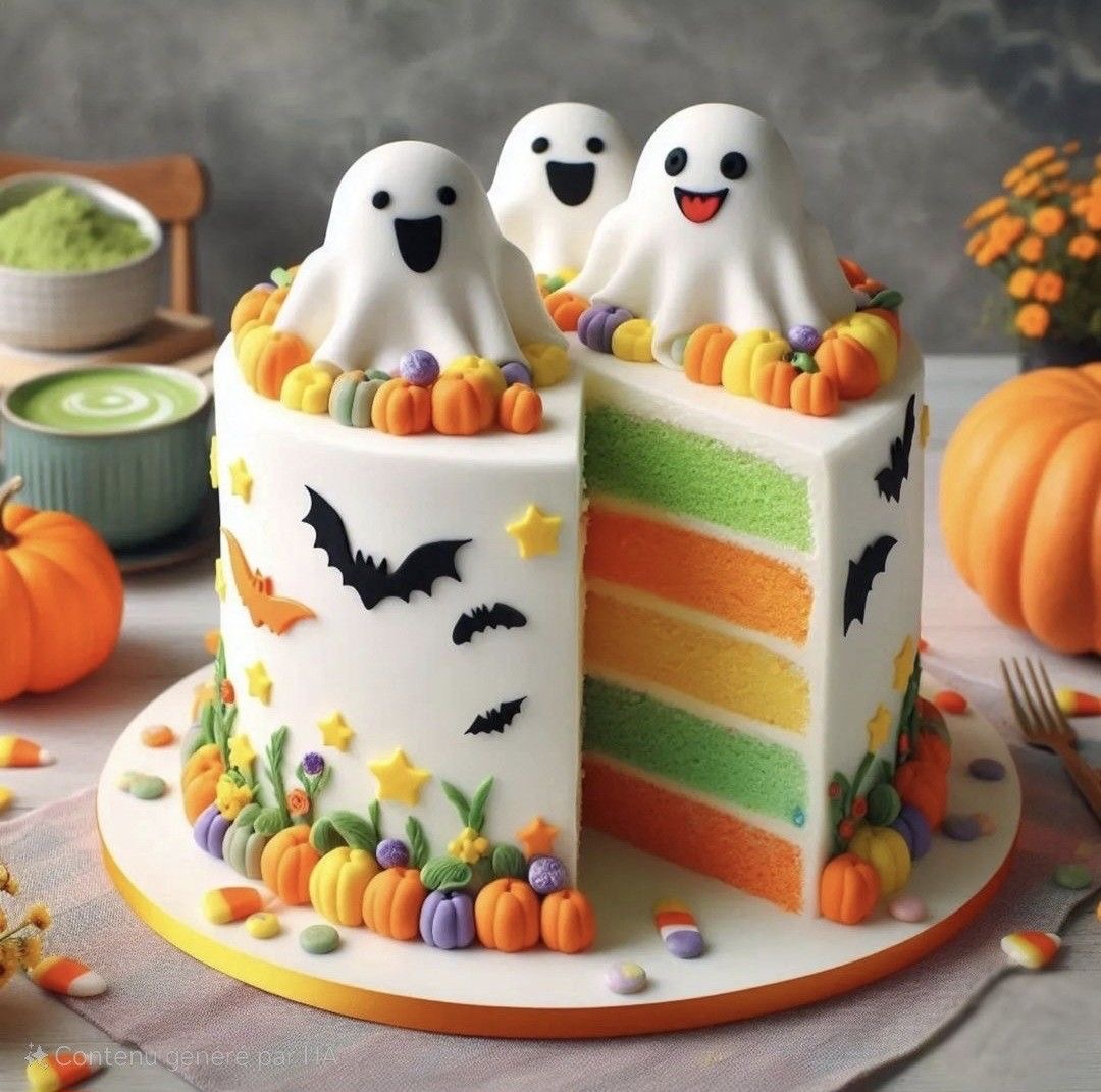 Halloween layer cake with three ghost toppers, rainbow filling, pumpkins, and bat decorations