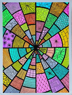 Colorful radial mandala with geometric segments filled with different patterns in bright rainbow hues