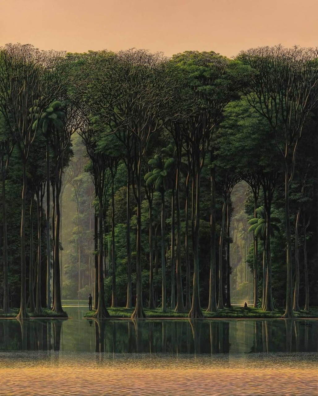 Surreal painting of symmetrical forest trees reflecting in calm lake water with warm peachy sky above