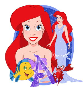 Disney's Ariel with bright red hair, purple seashell top, alongside Flounder the fish and Sebastian the crab