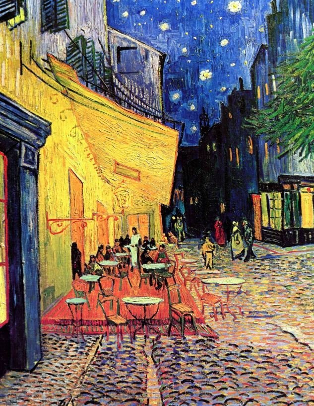 Van Gogh painting of illuminated cafe terrace at night with starry sky and cobblestone street