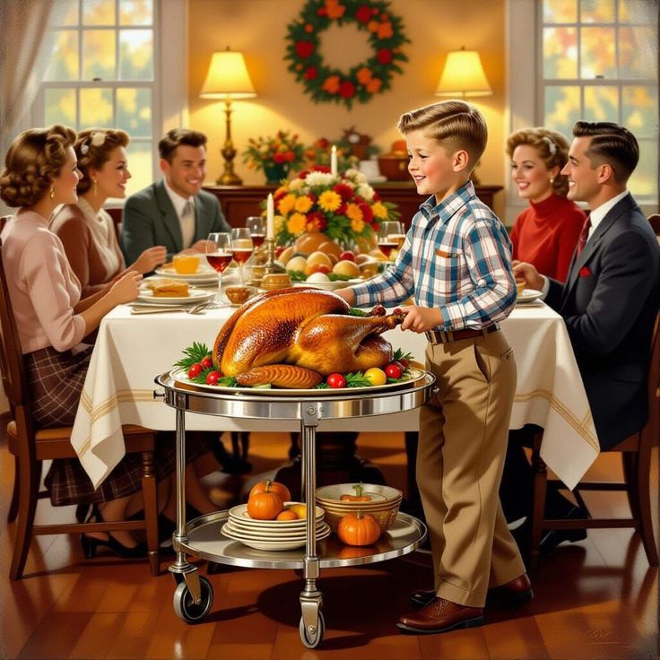 Vintage illustration of a family Thanksgiving dinner with a boy serving a roasted turkey on a cart