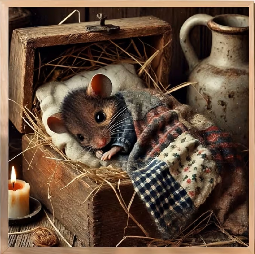 Cute mouse in straw nest with vintage pottery and gingham fabric in wooden box