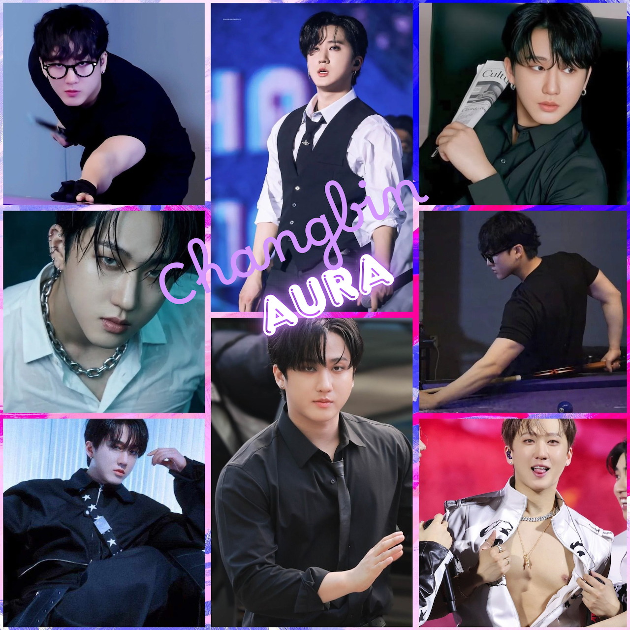 Nine-panel collage of K-pop artist Changbin in various poses and outfits