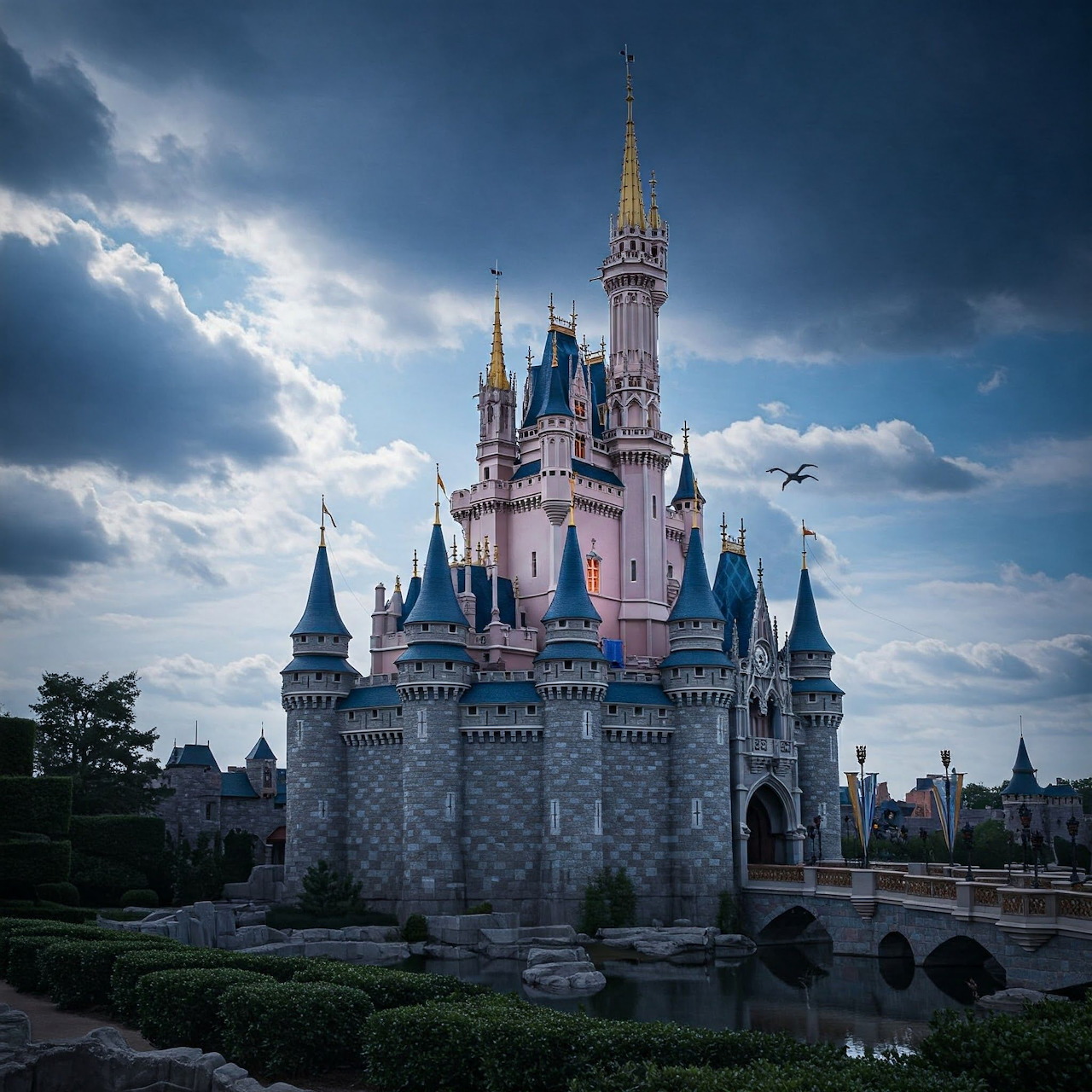 Blue and pink fairy tale castle with tall central spire against cloudy evening sky