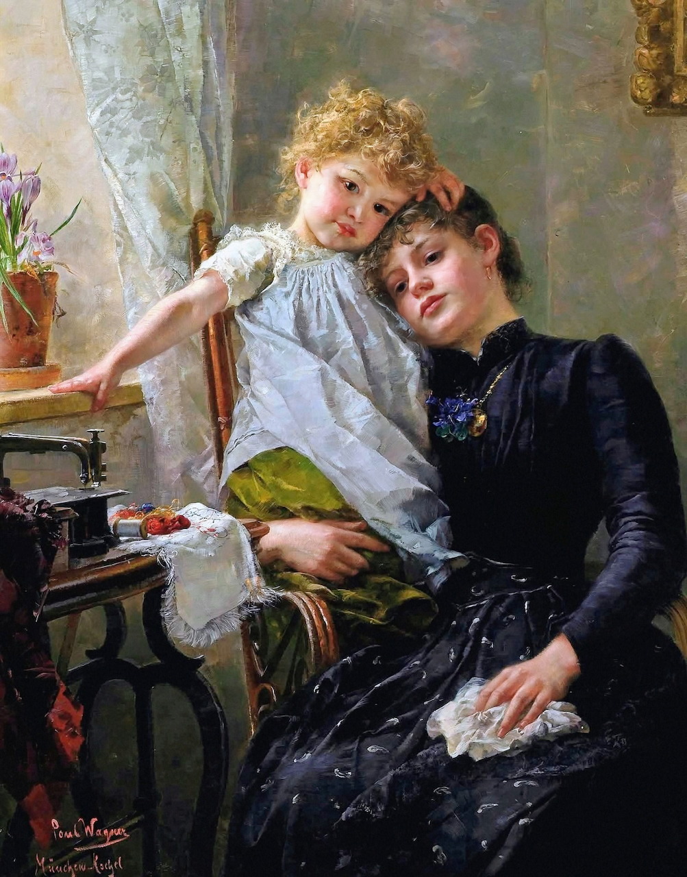 Victorian oil painting of a woman sewing with a young girl leaning on her shoulder near a window