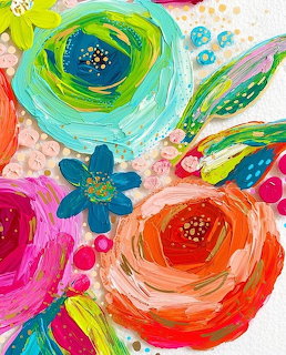 Colorful abstract painting of vibrant flowers in pink, orange, turquoise and green with bold brushstrokes
