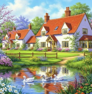 Traditional English cottage with orange roof next to pond with ducks and spring garden flowers