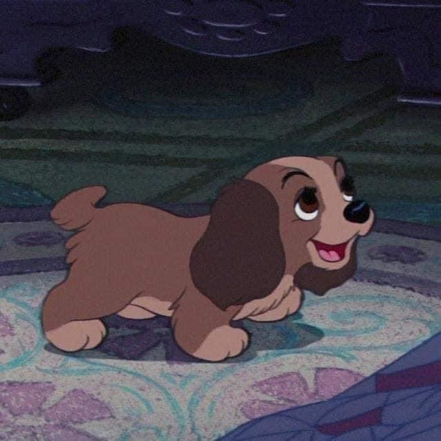 Brown cartoon puppy standing on a patterned rug indoors, looking up happily