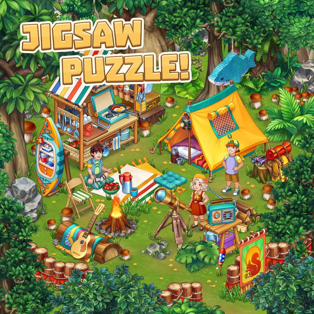 Colorful cartoon jungle campsite with tents, campfire, children, and dense tropical greenery