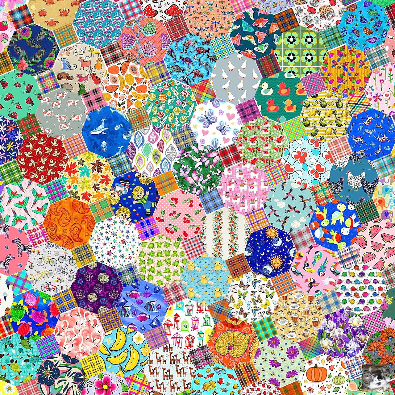 Dense collage of colorful hexagonal fabric patches with various patterns including flowers, polka dots, and geometric designs