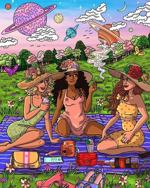 Colorful illustration of three women on a picnic blanket in a fantasy landscape with planets in the sky