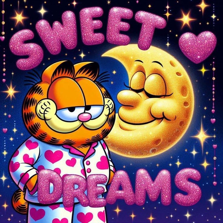 Garfield in pajamas next to a smiling moon with Sweet Dreams text and stars