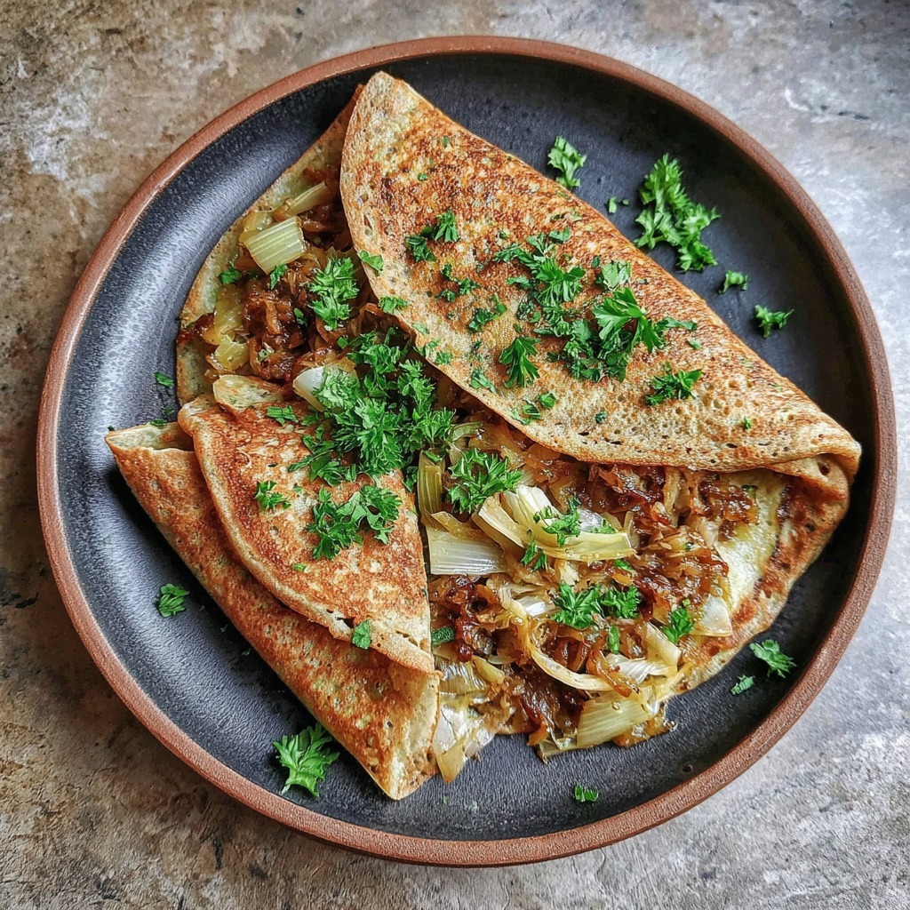Folded omelette with melted cheese and vegetable filling, garnished with parsley on a dark ceramic plate
