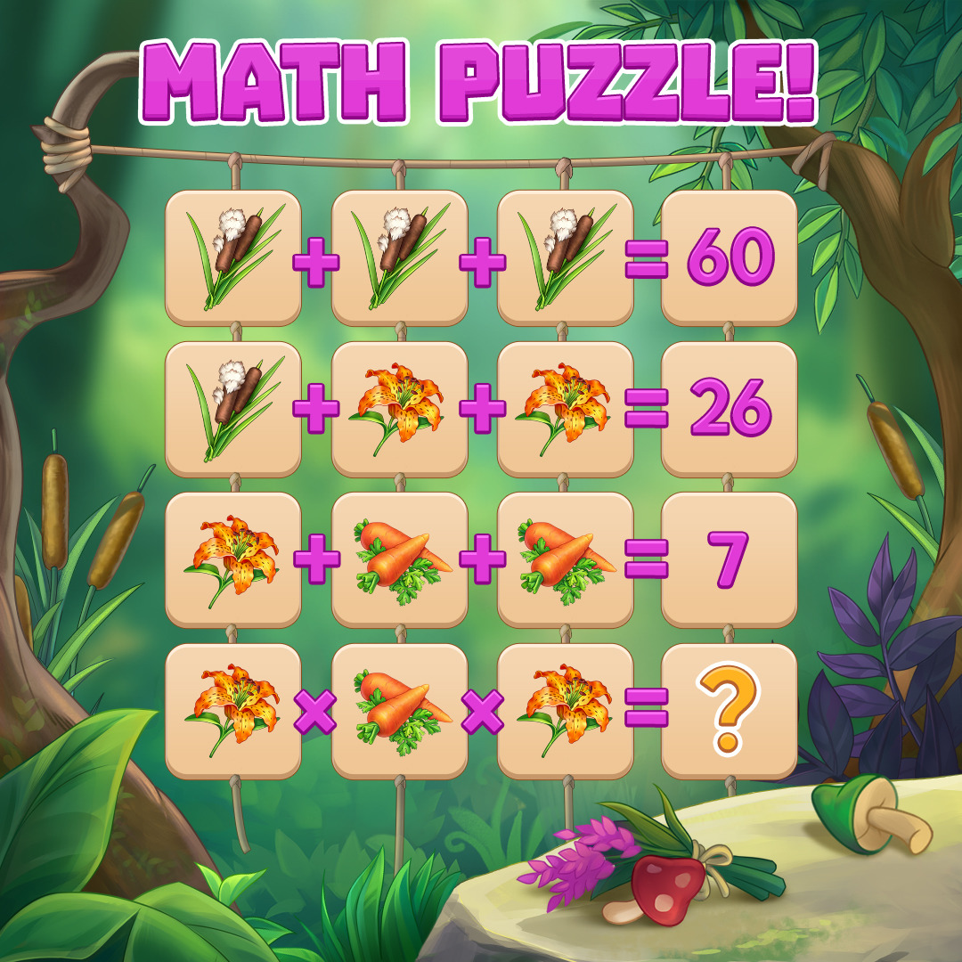 Cartoon math puzzle showing flowers and carrots on a wooden board in a green forest
