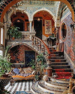 Ornate interior courtyard with curved staircase, checkered floor, fountain, and colorful decorative elements