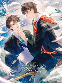 Anime illustration of two young men in traditional robes looking at each other against a cloudy sky