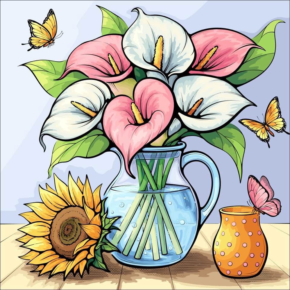 Illustration of pink and white lilies in a blue pitcher with a sunflower, butterflies, and an orange vase