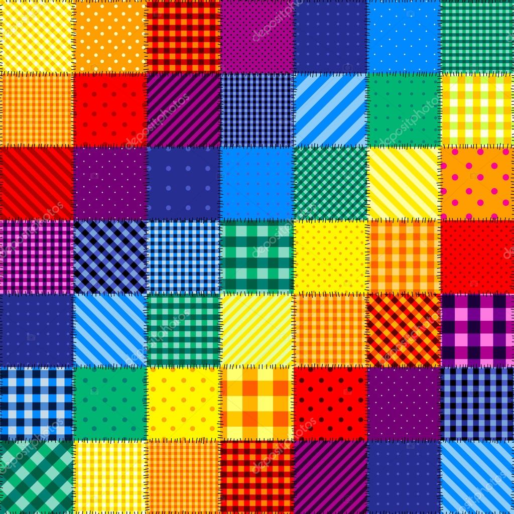 Colorful patchwork quilt with rainbow squares in various checkered, striped and gingham patterns