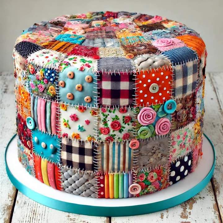 Round cake covered in colorful patchwork fabric squares with button and stitch details resembling a quilt