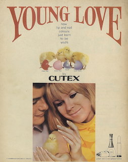 Vintage Cutex advertisement with two women holding baby chicks and nail polish bottles displayed