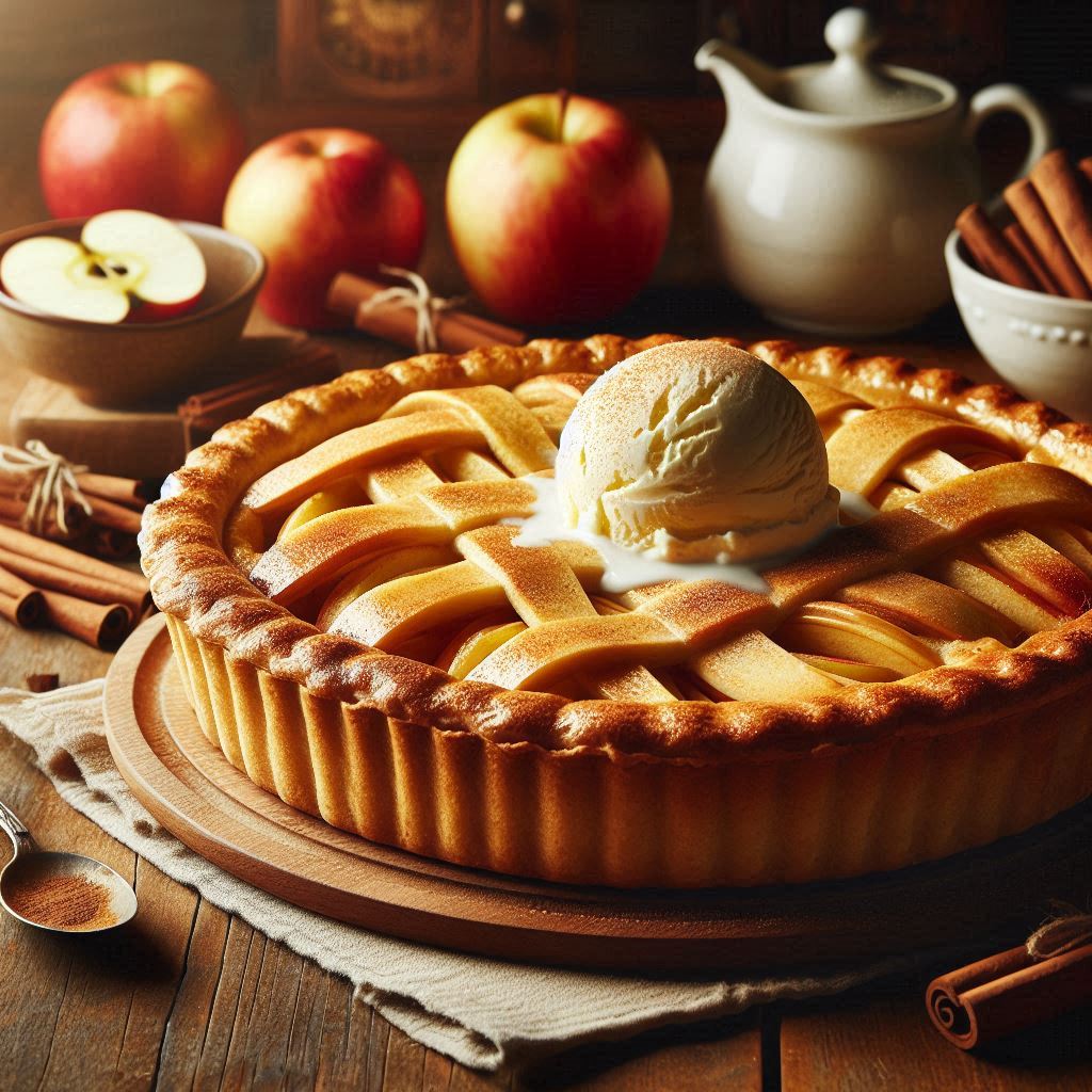 Lattice-topped apple pie with ice cream scoop, fresh apples and cinnamon sticks on wooden surface