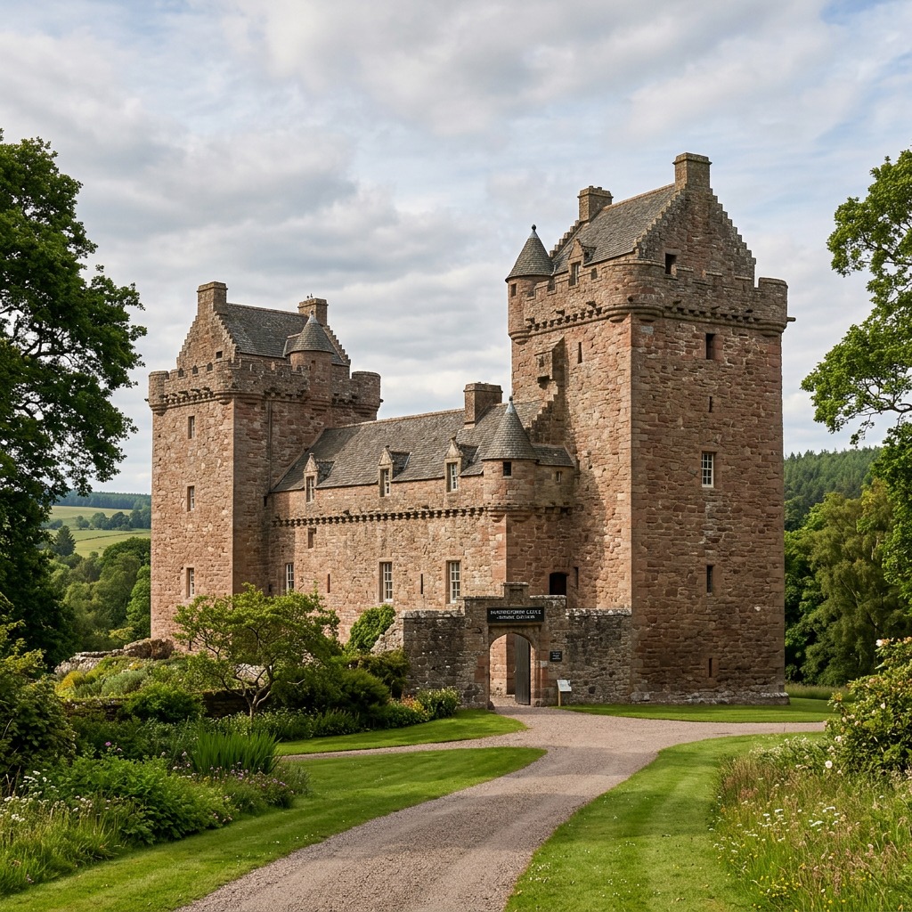 Medieval stone castle with multiple towers set in green Scottish countryside under cloudy skies