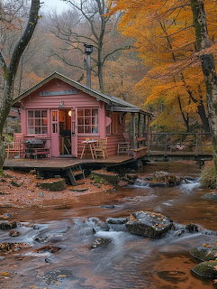 Small red cabin on stilts next to a flowing rocky stream in an autumn forest with orange and yellow leaves