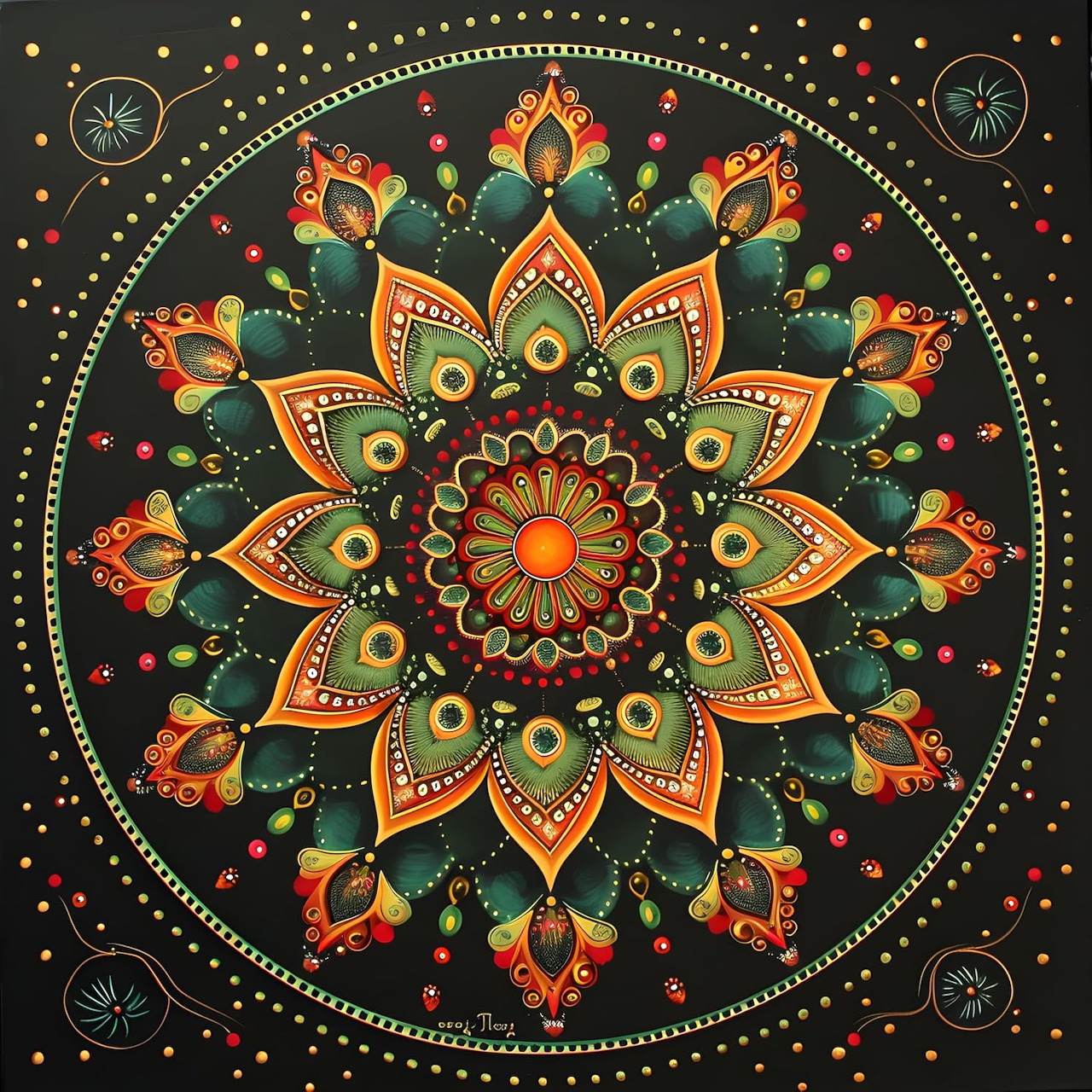 Circular mandala with ornate lotus petals in warm colors and decorative dots on black background