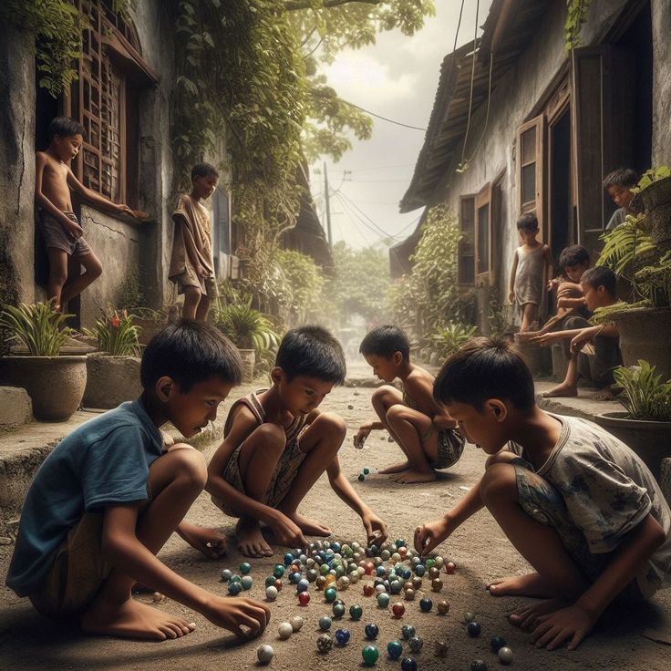 Boys playing marbles in a narrow alley between old houses