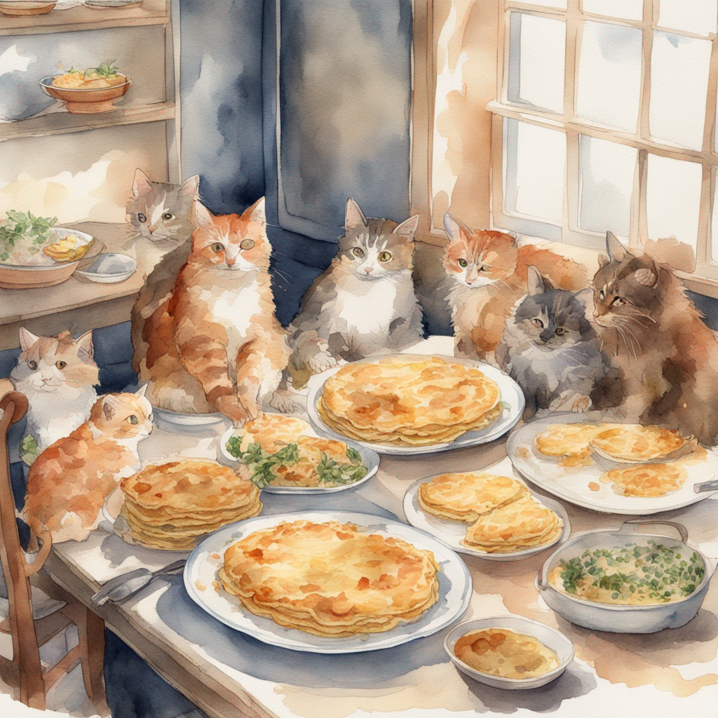 Watercolor painting of cats sitting around a table with pancakes and breakfast food in a bright kitchen