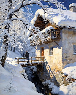 Snow-covered cottage with wooden balcony beside stream in winter mountain landscape