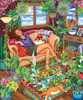 Woman in patterned dress relaxing on couch in plant-filled room with cat, viewed through abundant greenery and flowers