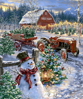 Snowy tree farm with barn, tractor, decorated Christmas trees, and snowman under twilight sky