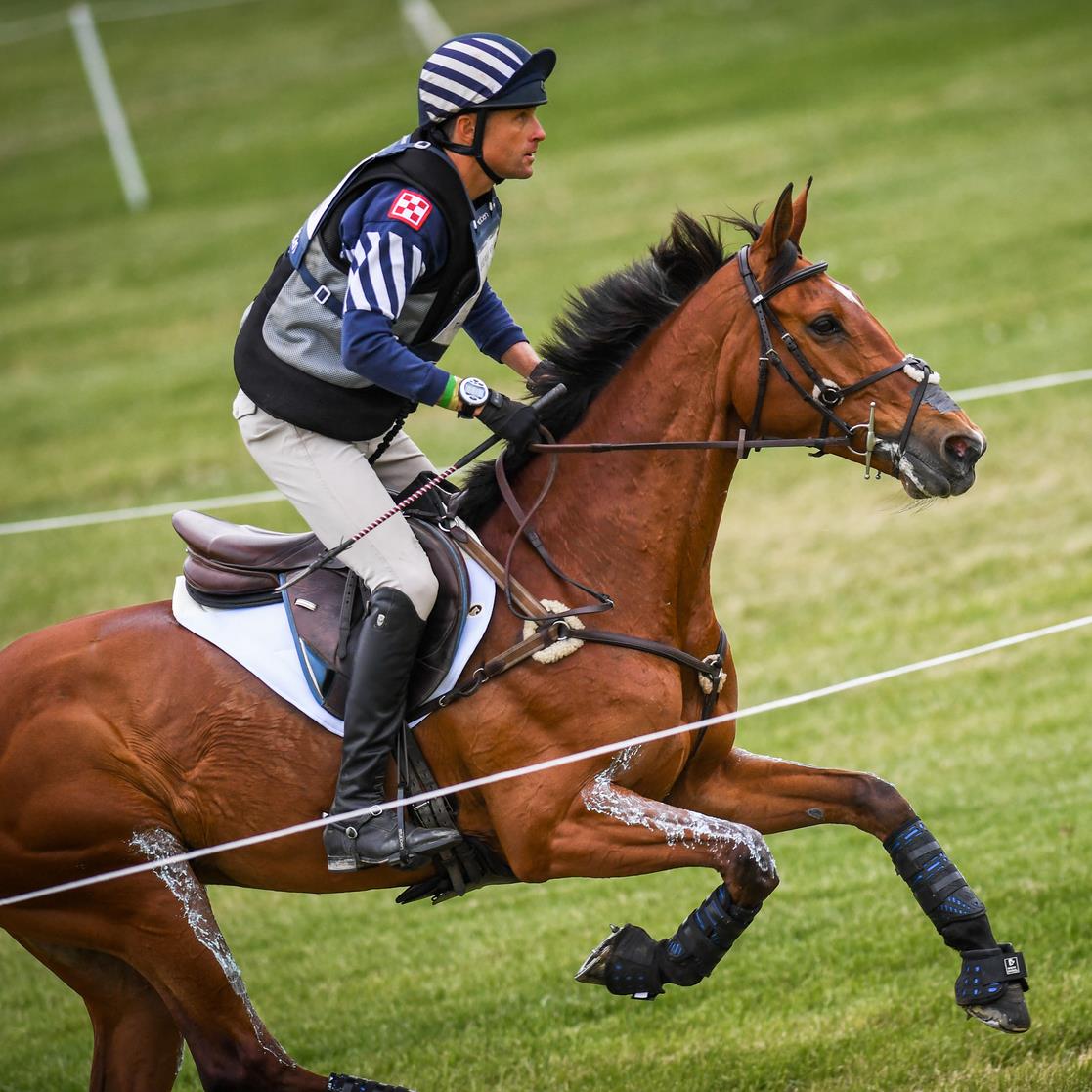Equestrian rider on brown horse jumping cross-country obstacle in competition uniform